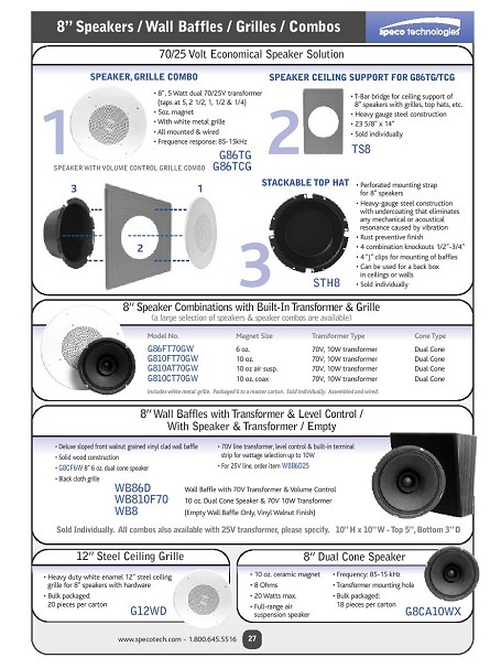 Speco Tech G86 8-Inch Ceiling Speaker With 70V/25V Transformer & Volume Control - For Background Music Systems